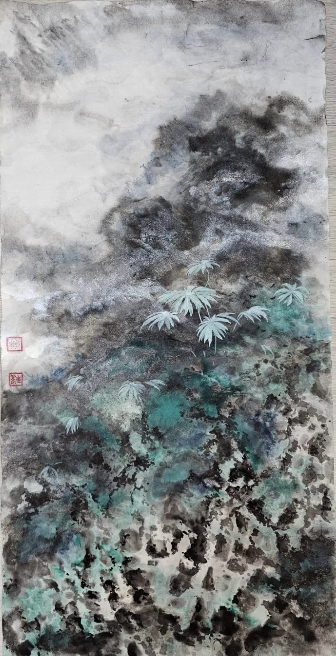 Cloud over Bamboo — abstract ink and jade mineral pigment