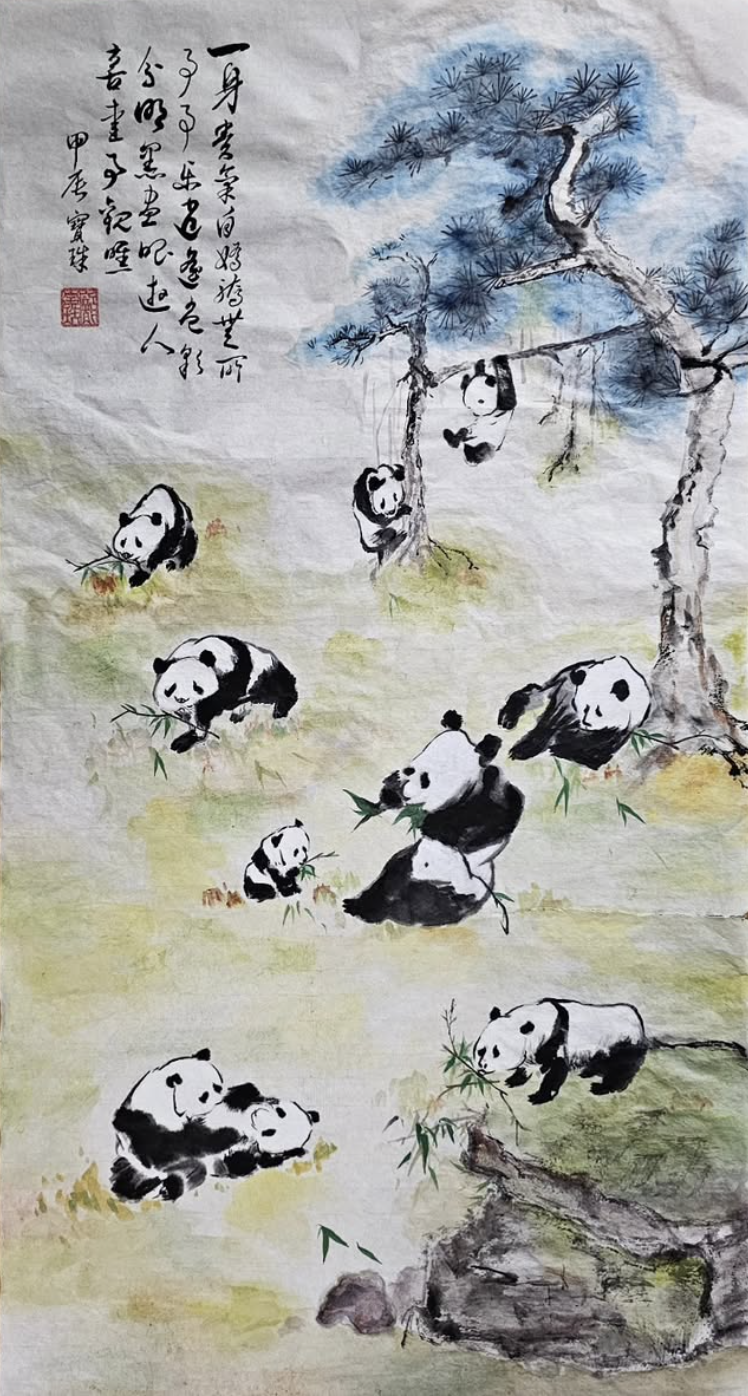 Pine and Pandas — eight pandas playing under a pine tree