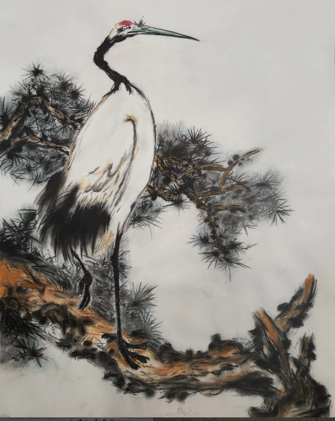 Crane on Pine — red-crowned crane perched on autumn pine bough